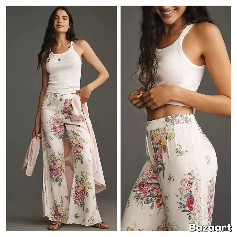 NWT By Anthropologie Floral Lace Silky Flare Pants Sz 6 - Picture 9 of 16